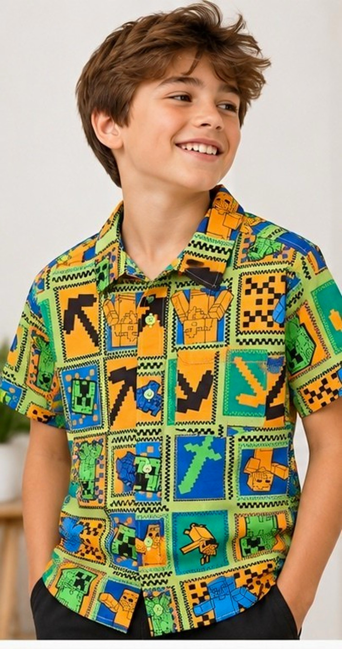 Minecraft Boys Creeper Graphic Print Short Sleeve Button-Up Shirt Pocket L